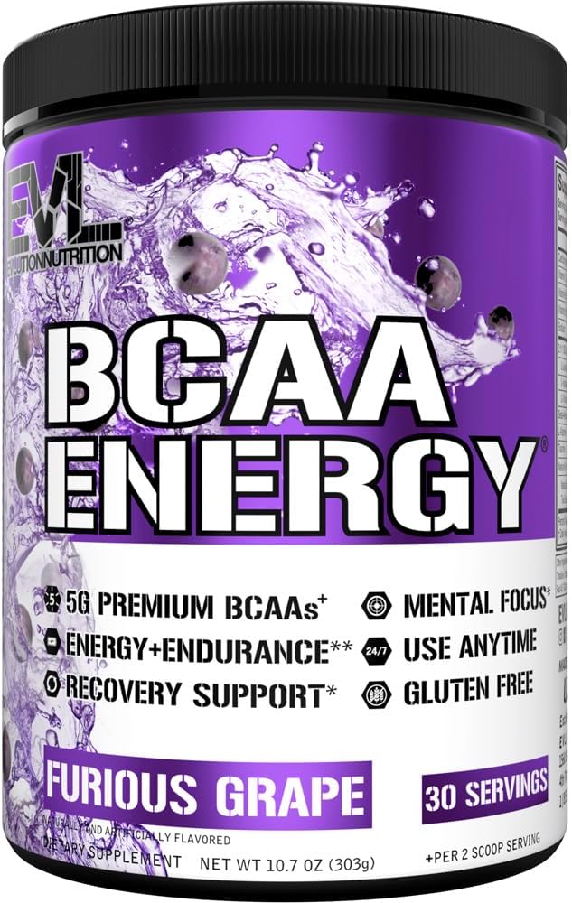 EVL BCAAs Aminohapped Pulber - BCAA Energy Pre Workout Pulber lihaste taastamiseks Lean kasvu ja vastupidavust - Rehydrate Post Treeningu taastamise Jook loodusliku kofeiiniga - Furious Grape