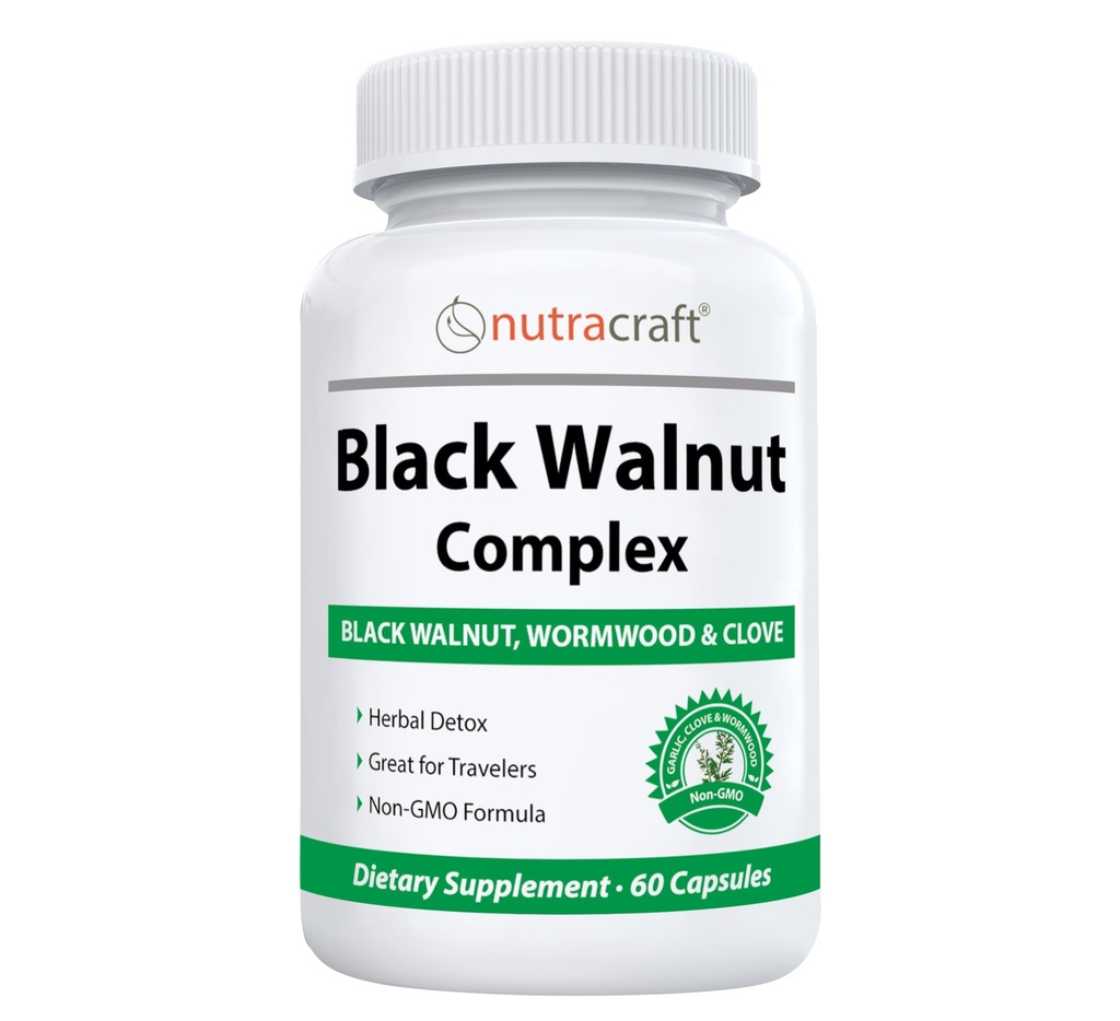 Nutracraft Black Walnut Detox Cleanse Supplement | Black Walnut, Wormwood, Clove, PAU D'Arco, Pumpkin Seed, Garlic, Zinc | Intestinal Guard for Humans | 60 Capsules