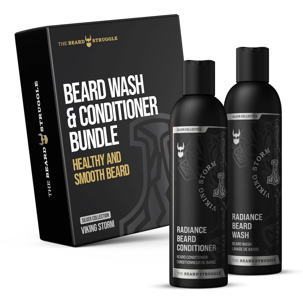 The Beard Struggle - Radiance Beard Wash ' Conditioner Bundle - Silver Collection - Pack of 2, Viking Storm - Nourish, Cleanse, Softens, " Strengthens Beard - Beard Wash and Conditioner for Men