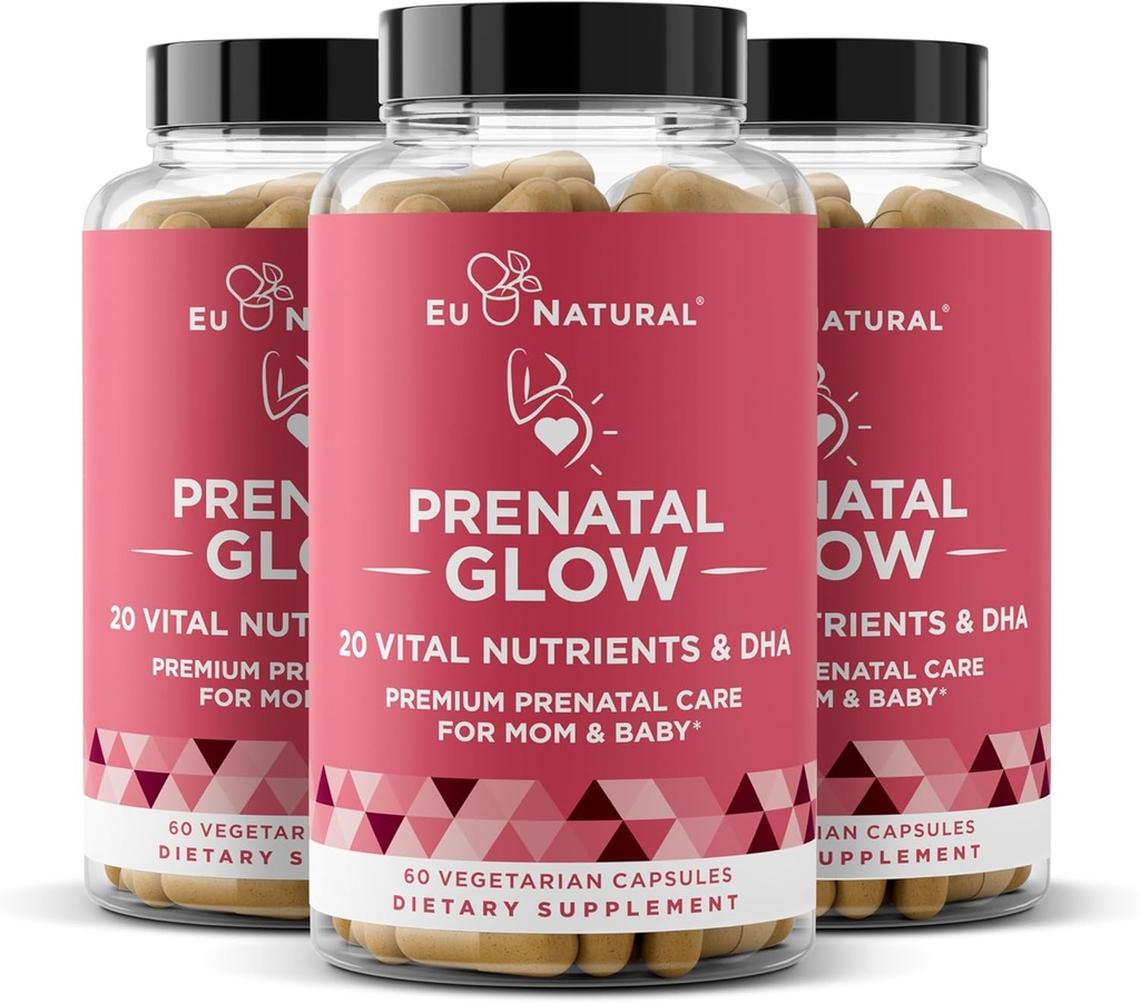 Glow Prenatal Vitaminas para Mujer 3-Pack Bundle – 20-in-1 Nutrientes vitales para el embarazo saludable y el desarrollo fetal – ácido fólico " Vegan DHA Para el crecimiento del bebé " Un embarazo cómodo – 180 cápsulas