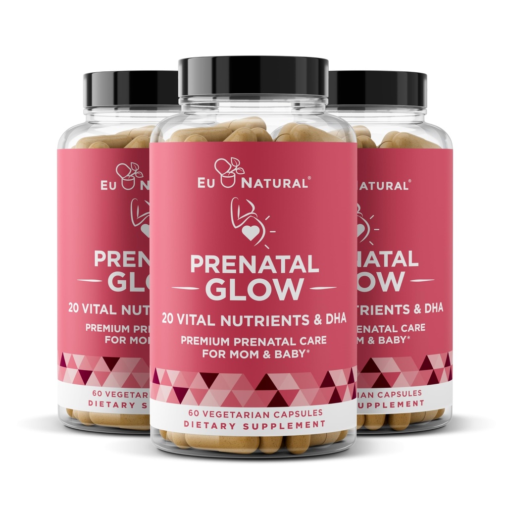 Glow Prenatal Vitamins for Women 3-Pack Bundle - 20-in-1 Vital Nutrients for Healthy Pregnancy and Fetal Development - Folic Acid & Vegan DHA For Baby's Growth & A Comfortable Pregnancy - 180 Capsules