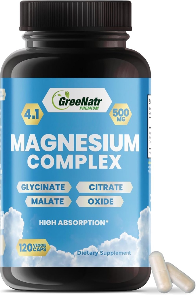 GreeNatr Magnesium Complex Supplement - Magnesium Supplements with Glycinate, Citrate, Malate & Oxide - Magnesium Tablets for Digestion, Sleep, Heart Health, & Energy - Magnesium Vitamins 120 Counts