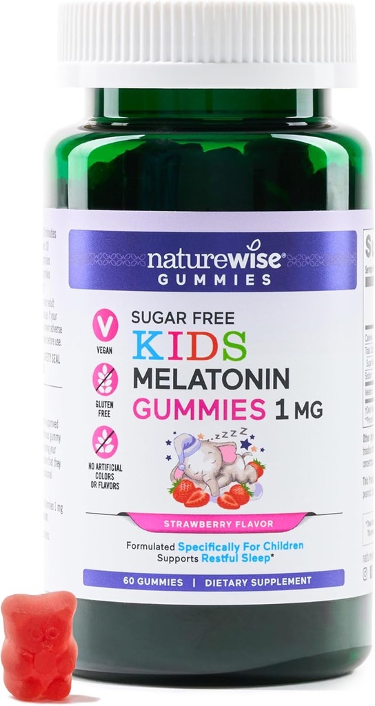 NatureWise Kids Melatonin 1 mg Gummies sen azucre para nenos de 4 anos - Non-Habit Forming Sleep Aid - Strawberry Flavored - Vegan, No Gluten, Non-GMO - 60 Count[2-Month Supply]