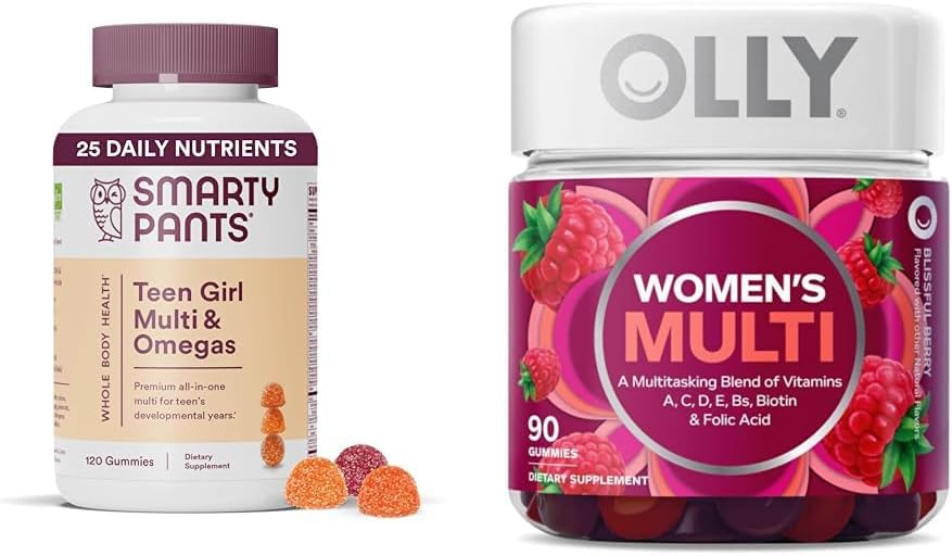 SmartyPants Gommies multivitamines pour adolescentes avec huile de poisson oméga 3, vitamines D3, C, B12, B6, A, K, zinc et OLLY Gommy multivitamines pour femmes avec vitamines A, D, C, E, biotine, acide folique, goût de baie