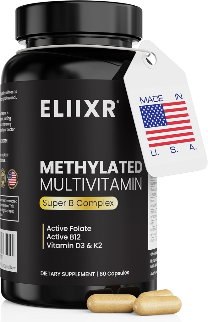 Suplemento multivitamínico Eliixr para homes e mulleres, con 1500mcg de Folato activo e 500mcg de B12 activo en cada cápsula. 60 cápsulas, 60-Day Supply, Iron Free, feito en Estados Unidos