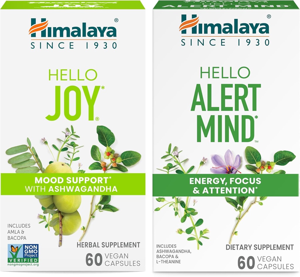 Himalaya 안녕하세요. Ashwagandha와 함께 Mood와 Spirits & Himalaya 안녕하세요. 에너지, 초점 및 관심, 초본 보충, 60 캡슐에 대한 Bacopa와 마음