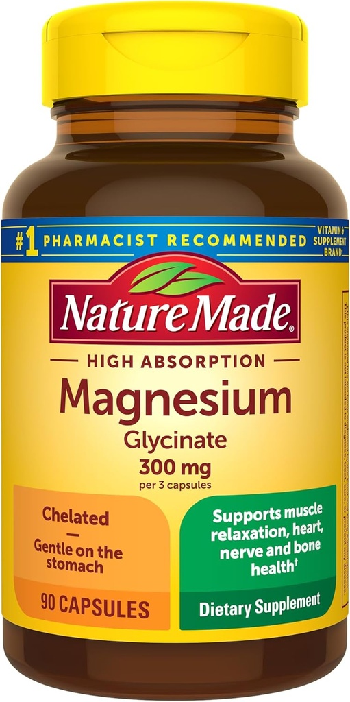 Nature Made High Absorption Magnesium Glycinate 300mg per 3 kapslar, Magnesium Supplement för muskel, hjärta, nerv och benstöd, 90 Magnesium Bisglycinate Capsules, 30 Day Supply
