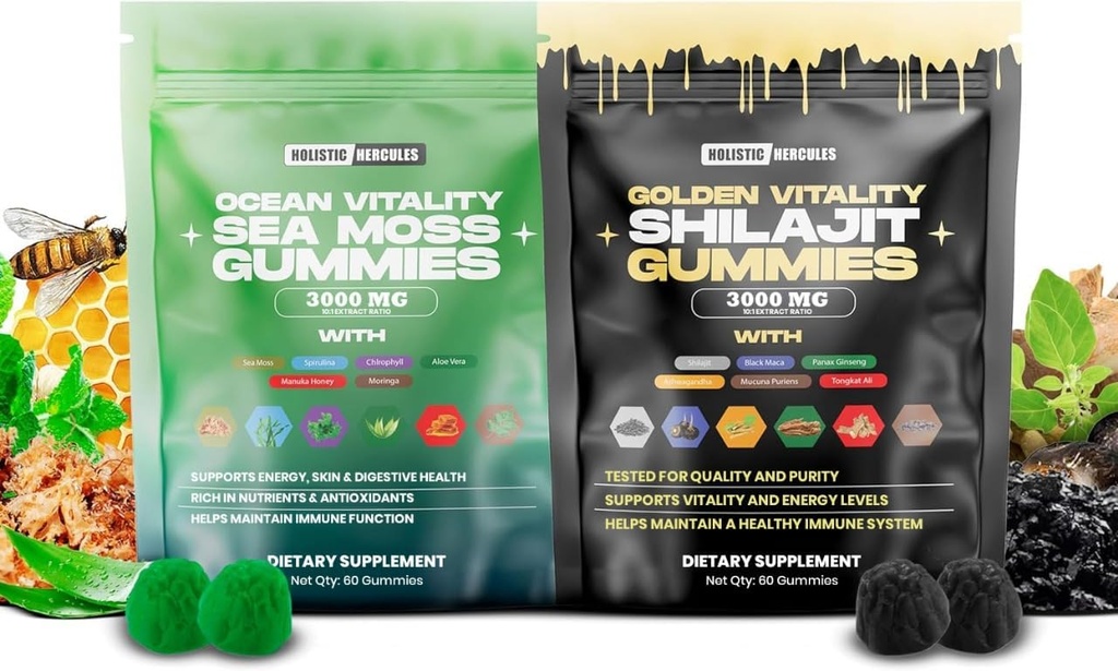 Holistic Hercules Sea Moss & Puro Himalayan Shilajit Gummies Ouro 100% Natural Orgânico Vegan □ Não Adicionado Açúcar