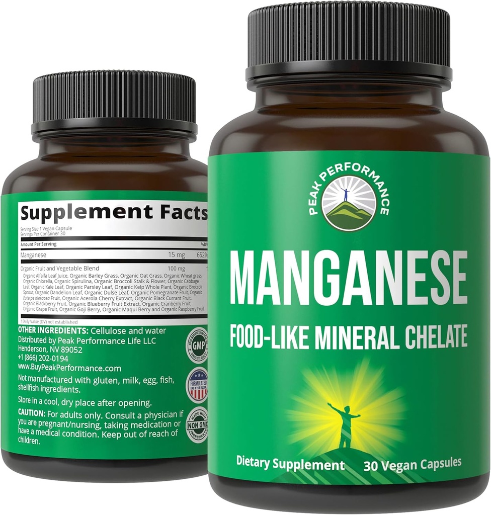 Alimentos Complementarios Manganesos Como Chelated Mineral Para Absorción Superior Con Alimento Integral De 25+ Frutas & Verduras. Pure Trace Mineral Capsules For Connective Tissue, Bone Health, Enzyme Support