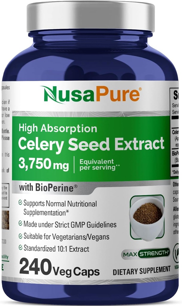 NusaPure Celery Seed Capsules 10:1 Extracto, 375 mg Equivalente a 3750mg, 240 Veggie Caps, Non-GMO, Vegan