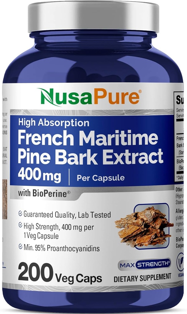 NusaPure French Maritime Pine Bark Extract 400mg por Veggie Caps 200-Dia Fornecimento Bioperine Não-GMO Vegan