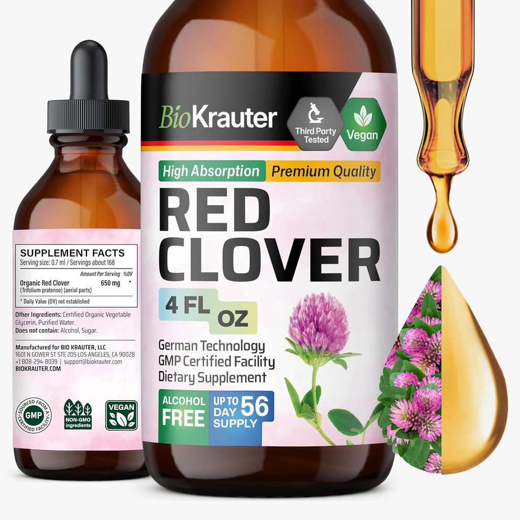 BIO KRAUTER Red Clover Tincture - Red Clover Ekstraktı - Qadınların əlavə - Alkol və Sugar Free - Vegan Drops 4 Fl.Oz.