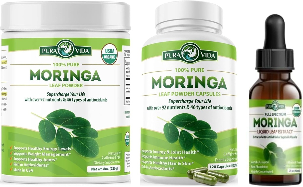 PURA VIDA MORINGA 분말 8개 oz 캡슐 (120 조사)와 Moringa 잎 추출물 하락 (2fl oz)