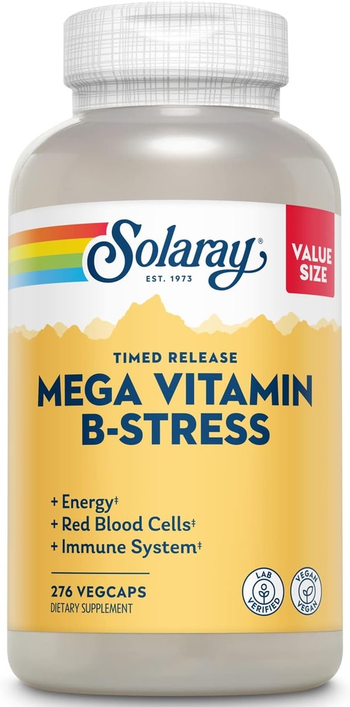 SOLARAY Mega Vitamin B-stress - Tidsatt frigjøring Vitamin B Complex w/Vitamin B12, B6, Folinsyre, VIT. C - Stress, Energi, Røde blodceller, Immunstøtte - Vegan, 60-dagers garanti (276 CT)
