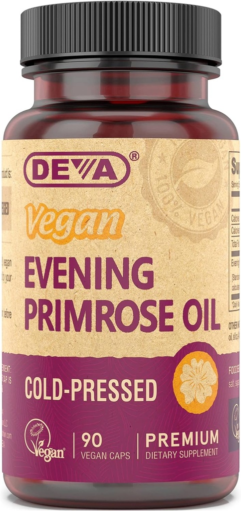 DEVA Vegan Abend Primrose Öl, kaltgepresst, unraffiert, 90 Kapseln, 1-Pack