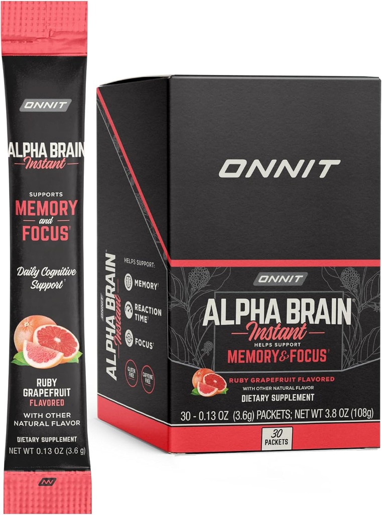 OnNIT Alpha Brain - Ruby Grapeפרי Flavor - Nootropic Brain Booster Memory Supplement - Brain Support for Focus, Energy & Clarity - Alpha GPC Choline, Cats Claw, L-theanine, Bacopa - 30ct תמיכה המוח להתמקד, אנרגיה וקלרנס - Alpha GPC Choline, Cats Claw, L-Theanine, Bacopa - 30ct