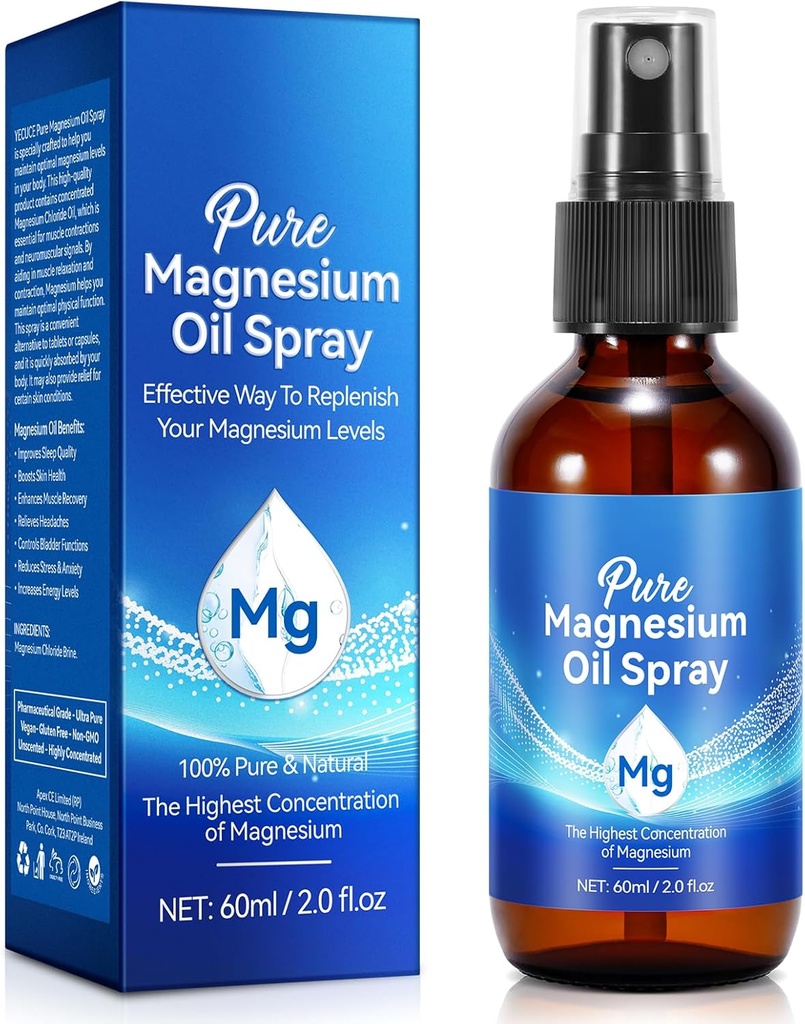 Pure Magnesium Oil Spray, Organic Magnesium Spray for Feet, Topical Magnesium Spray Glas Bottle,Nourish The Skin, Alleviate Hair Loss, Unclog Pores, 2 fl oz