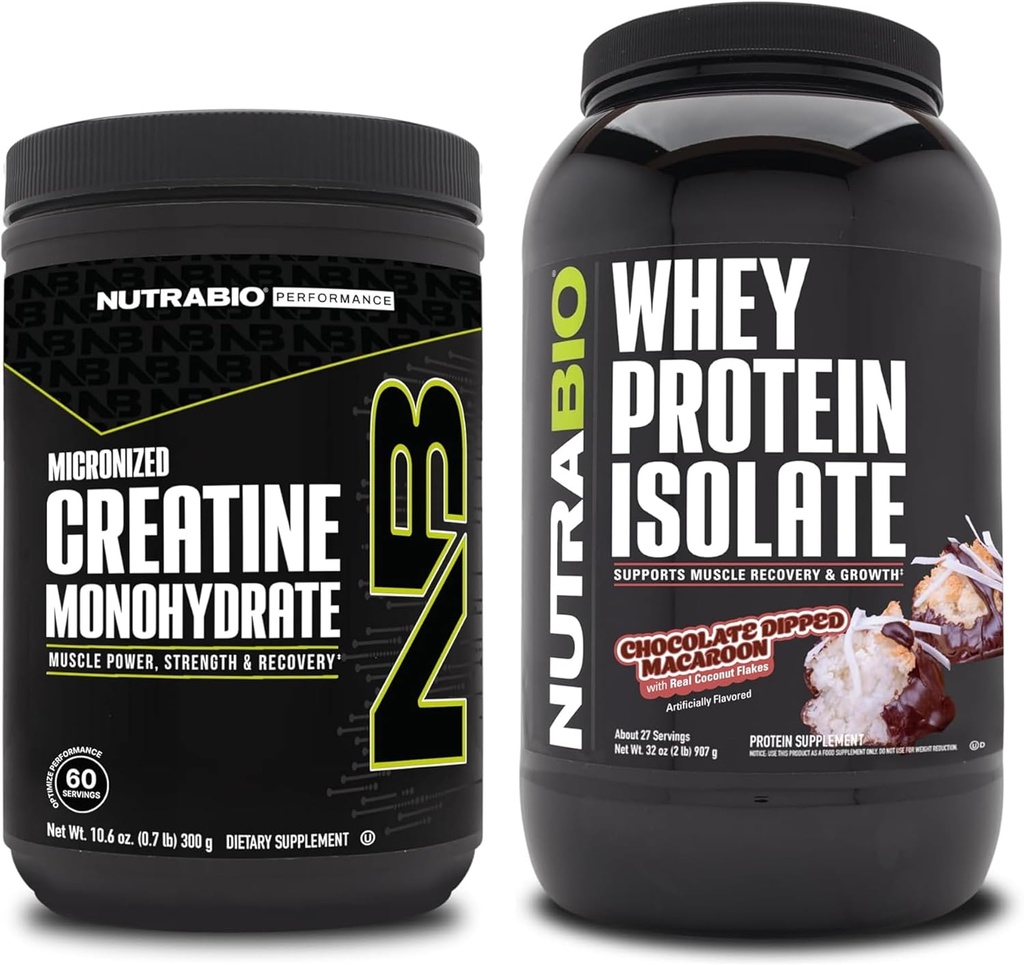 NutraBio Creatine Monohydrate, Unflavored, 300g 및 Whey Protein Isolate, 초콜릿 Dipped Macaroon, 보충 번들 - 근육 에너지, Lean 근육 성장, 회복 및 힘
