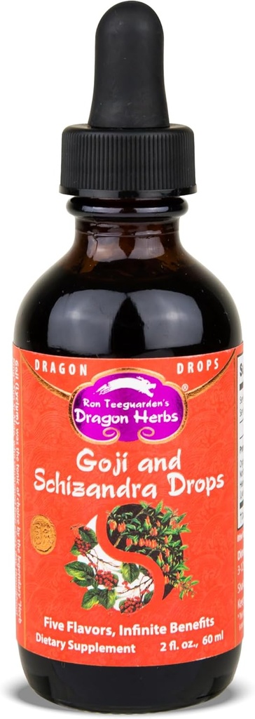 Dragon Herbs Goji Berry & Schizandra Drops • Trigubos ekskursijos • Akių, odos, plaučių ir sveiko senėjimo palaikymui, grožio tonikas • Super stiprybė • Greitas veikimas • 2 fl oz, 60 ml • Tincture Addition