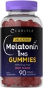 Carlyle Melatonin 1mg Gummies | 90 Count | Fruit Flavor Gummy Supplement | Vegan, Non-GMO, Gluten Free