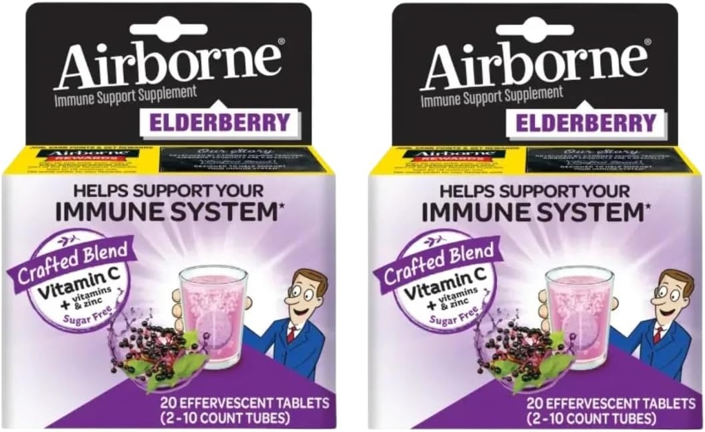 Elderbærekstrakt + vitamin C 1000mg (per servering) - Airborne Effervescent tabletter (20ct), Glutenfri immunforsvarsstøtte Supplement, med vitaminer A C E, ZINC & Selenium, sukkerfri (pakke med 2)