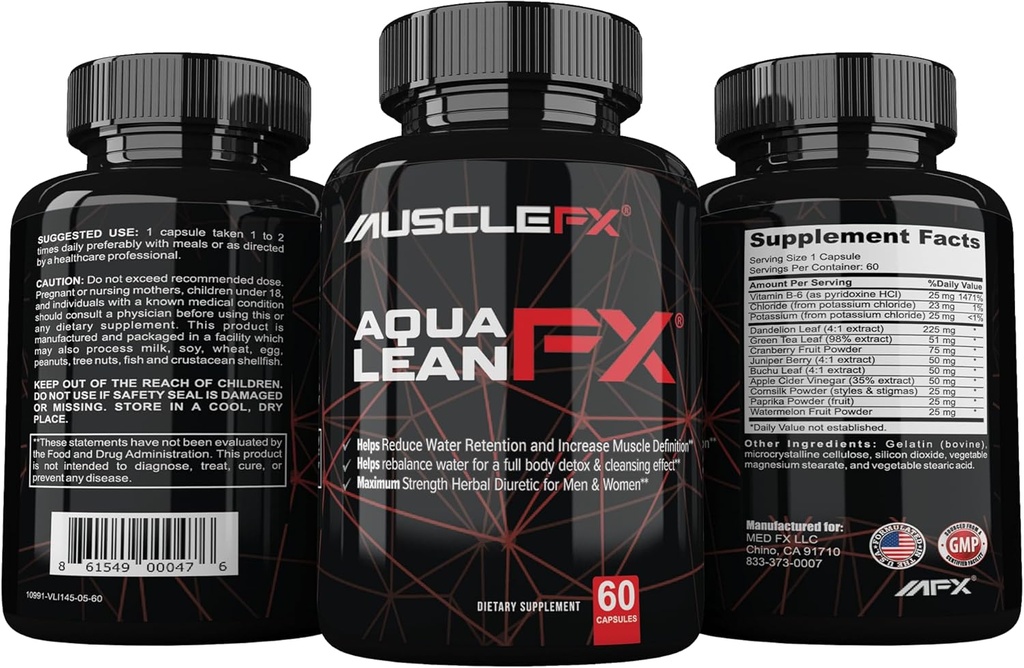 AquaLean FX Maksymalna siła Diuretic Water Away Pills for Water Retention and Lean Muscle Definition for Men and Women, 60 kapsułki