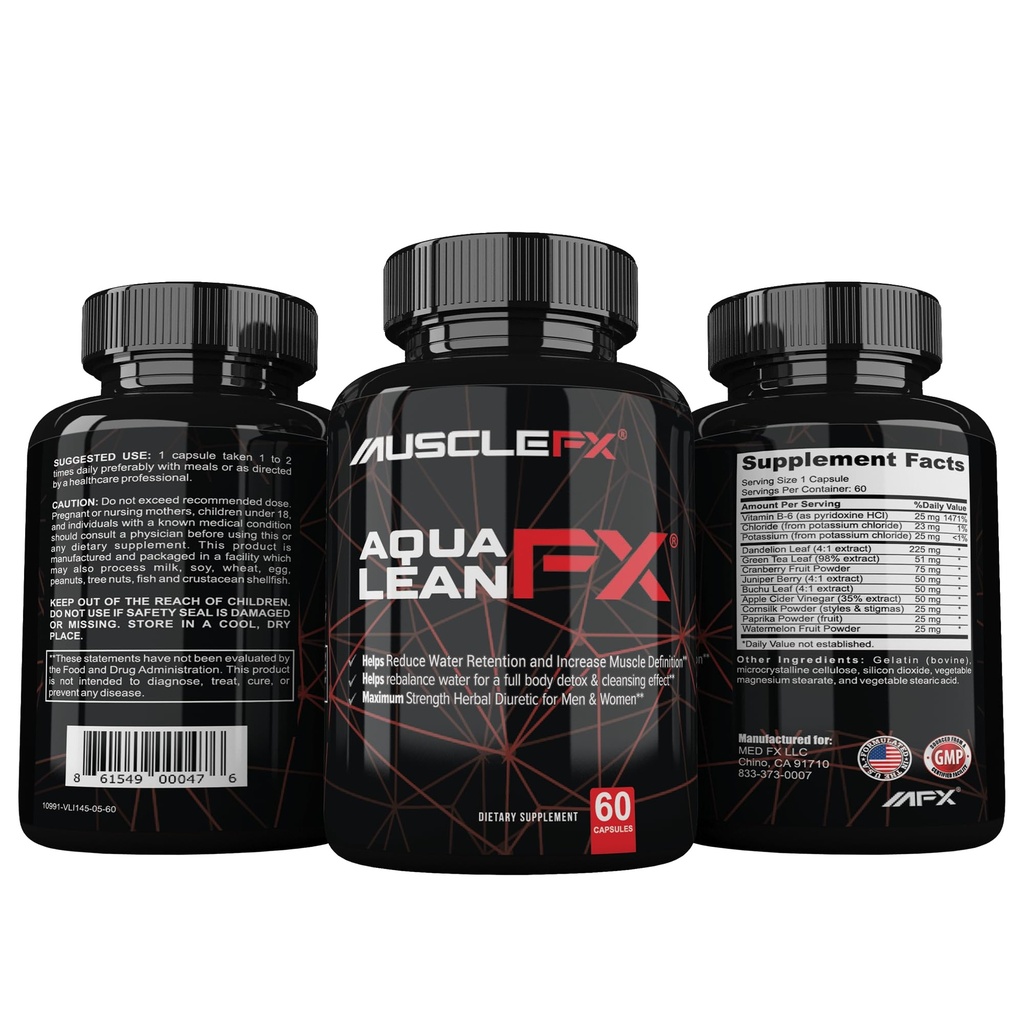 AquaLean FX Maximum Strength Diuretic Water Away Pills for Water Retention and Lean Muscle Defination for Men and Women, 60 Capsules