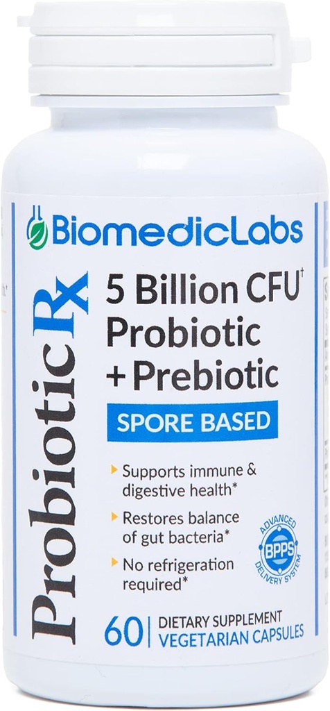 Probiótico Rx: 5 Billones CFU – Probiótico + Prebiótico - Fuente de 60 días - SBO - Apoyo Immune & Gut Health - Organismos basados en el suelo - No se requiere refrigeración