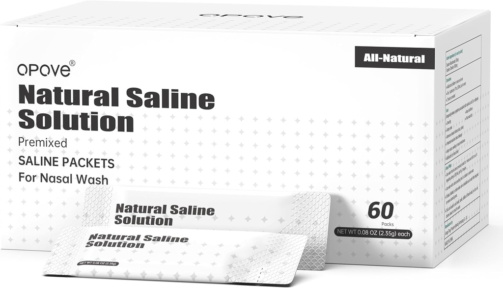 opove Pre-Mixed Saline Packets for Nasal Wash Irrigation Systems, Natural, and PH Balanced for Sinus Relief, 60 Packs (Nose Cleaner is Not Included)