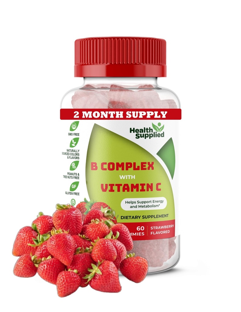 Strawberry Flavored Vitamin B Complex Gummies - B Complex with Vitamin C - Supports Nervous System and Boosts Energy Levels - Assists with Cognitive Function - Great Tasting and Easy to Swallow