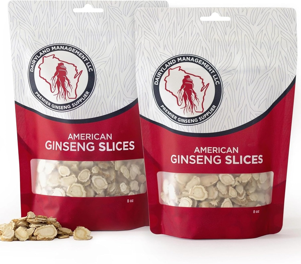 Dairyland American Ginseng Slices - 16 oz Pack Wisconsin Ginseng Slices - Certified Algo Especial de Wisconsin - Não-GMO, Gluten Free Sliced Root - Suplemento de ervas em sopa, chá, Congee