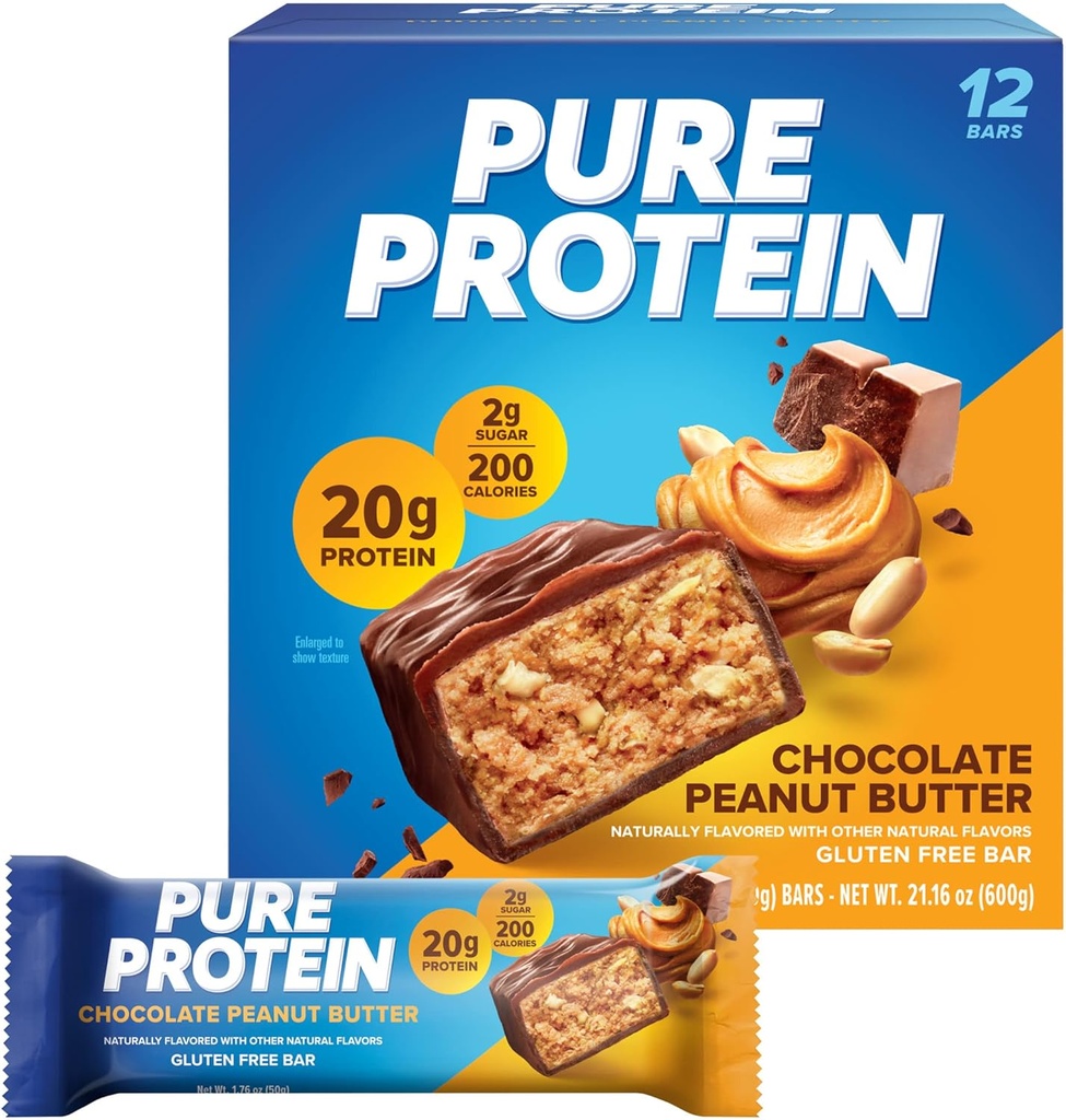 Pure Protein Bars, High Protein, Nutritious Snacks, um Energie zu unterstützen, Low Sugar, Glutenfrei, Schokolade Peanut Butter, 1.76oz, 12 Count (Packaging Mai Vary)