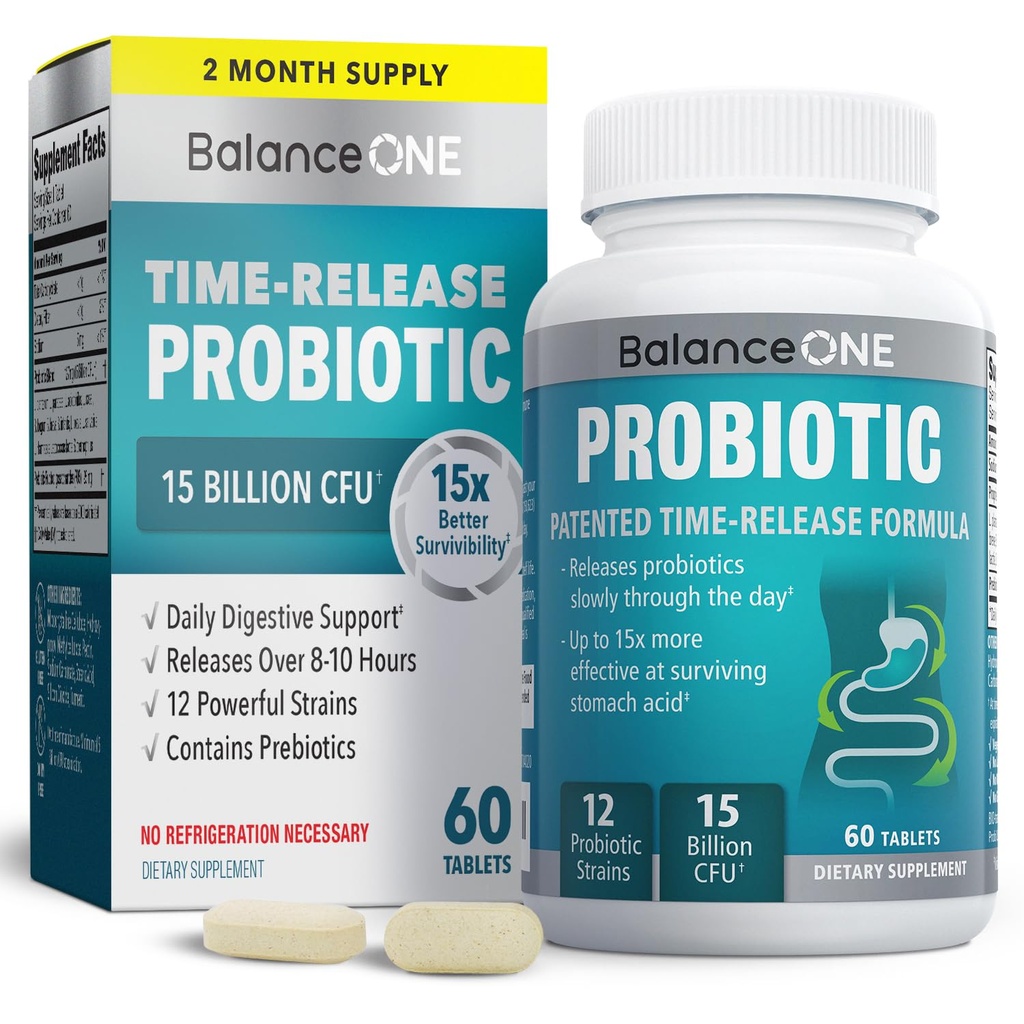 Balance ONE Time Release Probiotic – 15 Billion CFU – 12 Strains Including L. Plantarum – 15x More Survival Than Capsules – Bloating & Gas Relief – Gut & Digestive Health for Women & Men – 60 Tablets