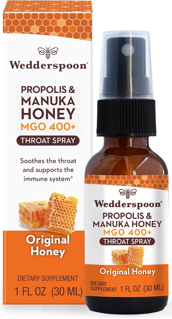 Wedderspoon Propolis és Manuka Méztorokspray, Original Honey, 1 Fl Oz (Pack of 1), Sore Throat Relief, Natural Immune Support