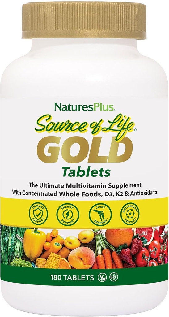 NaturesPlus fonte de vida multivitamínico de ouro - 180 comprimidos - con vitaminas D3 e B12 - sangue, ósos e apoio inmune - Vegetarian & Gluten gratis - 60 servizos