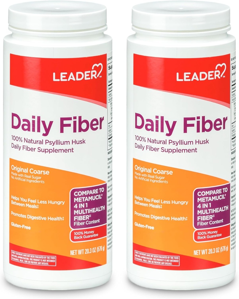 LEADER Psyllium Husk Suplemento de po 4-in-1 de fibra para a saúde dixestiva, baseada en plantas 100% de fibra diaria Psyllium Husk, Gluten Free, Non-GMO, Compare con Metamucil 20.3 OZ (Paque de 2)