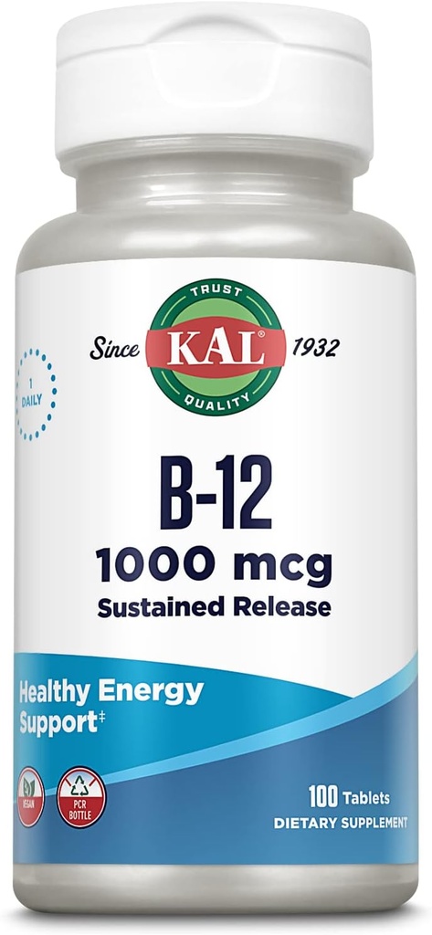 KAL Vitamin B12 1000mcg, Suplemen Pelepasan kekal untuk Energi Kesehatan, Metabolisme, Kesehatan Jantung, Nerve dan Red Blood Cop, Long- Lasting Formula, Vegan, 100 Servis, 100 Tablet