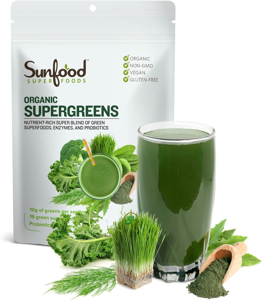 Sunfod Supergres - Green Superfood Powder, Super Greens Powder, Orguey Verds Fusiona, Daily Juice Green Suz Powder, Vegetable Beve by Gutlorella and Spirulina - 8 oz Baga