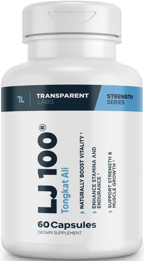 Transparante Labs LJ100 - Eurycoma Longifolia Tongkat Ali Extract 100mg Capsules voor Lean Body Mass, sterkte en prestatieverbetering - 60 Tel.