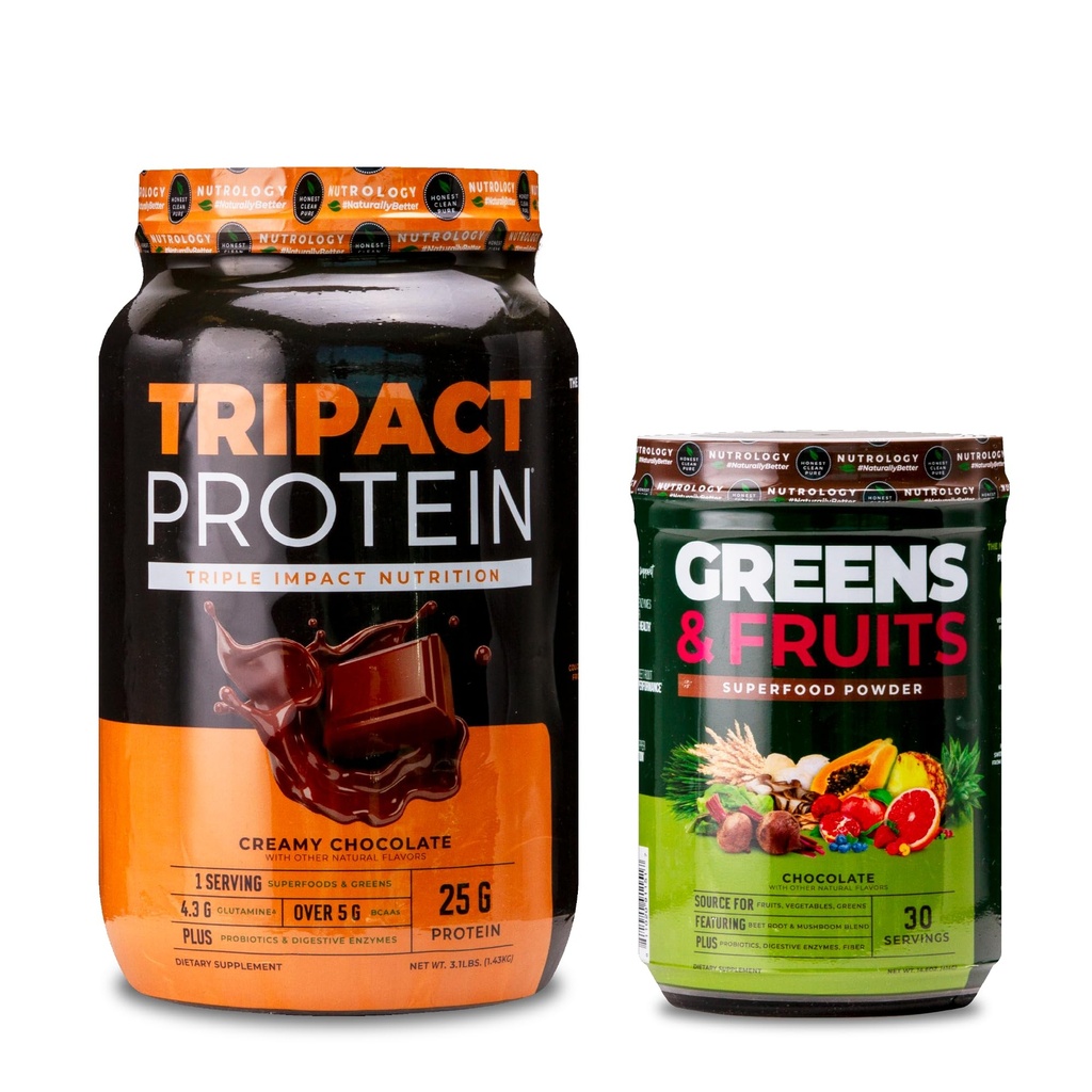 Nutrology TRIPACT Protein Powder, 7-in-1 Meal Replacement Shake, Creamy Chocolate (40 Servings) Greens & Fruits Powder-Naturally Sourced Superfood, Chocolate (30 Servings)