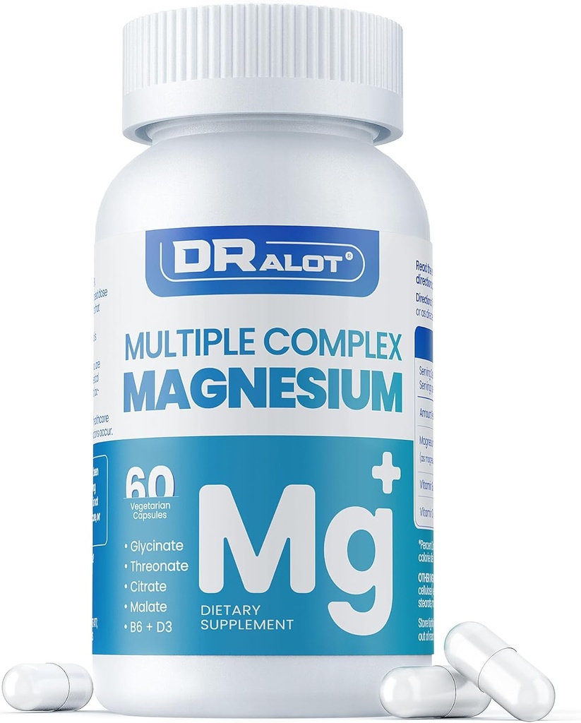 Quadruple Magnesium supplement, 400mg of Chelate Magnesium Glycinate, L-threonate, Citrate " Malate - Max Absorption Complex w/Vitamin D3 " B6, for sleep Heart Muscles Nerves, Non-GMO, 60 Vegan Caps