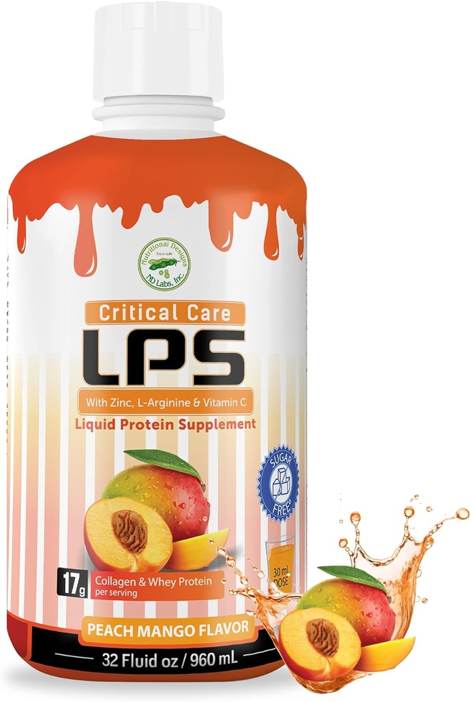 Nutritional Designs LPS Liquid Collagen & Whey Protein Sugar-Free, Non-GMO Drink, Promotes Egészséges bőr és haj a férfiak és nők. (Kritikus ellátás) Peach Mango