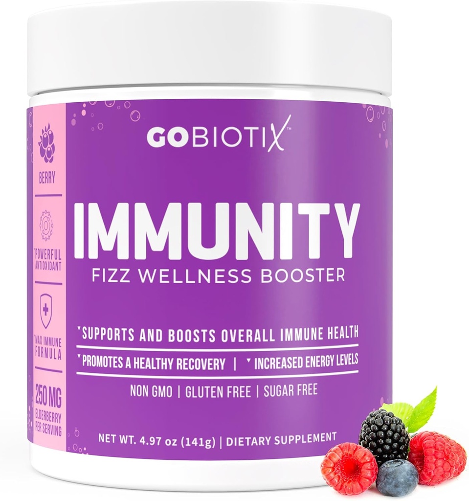 GOBIOTIX Vitamina C - Supliment de sprijin pentru apărare imună - Imunity Powder Wellness Booster - Vegan Superfood - Elderberry, Turmeric, B12 Supliment de vitamine, non-GMO și zahăr gratuit (Berry)