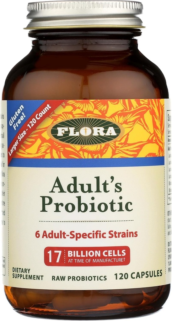 Flora - Miscela Probiotica di Adulto, Sei Strains Specifici Adulti, Senza Glutine, Probiotico Raw con 17 Miliardi di Celle, 120 Capsule Vegetariani