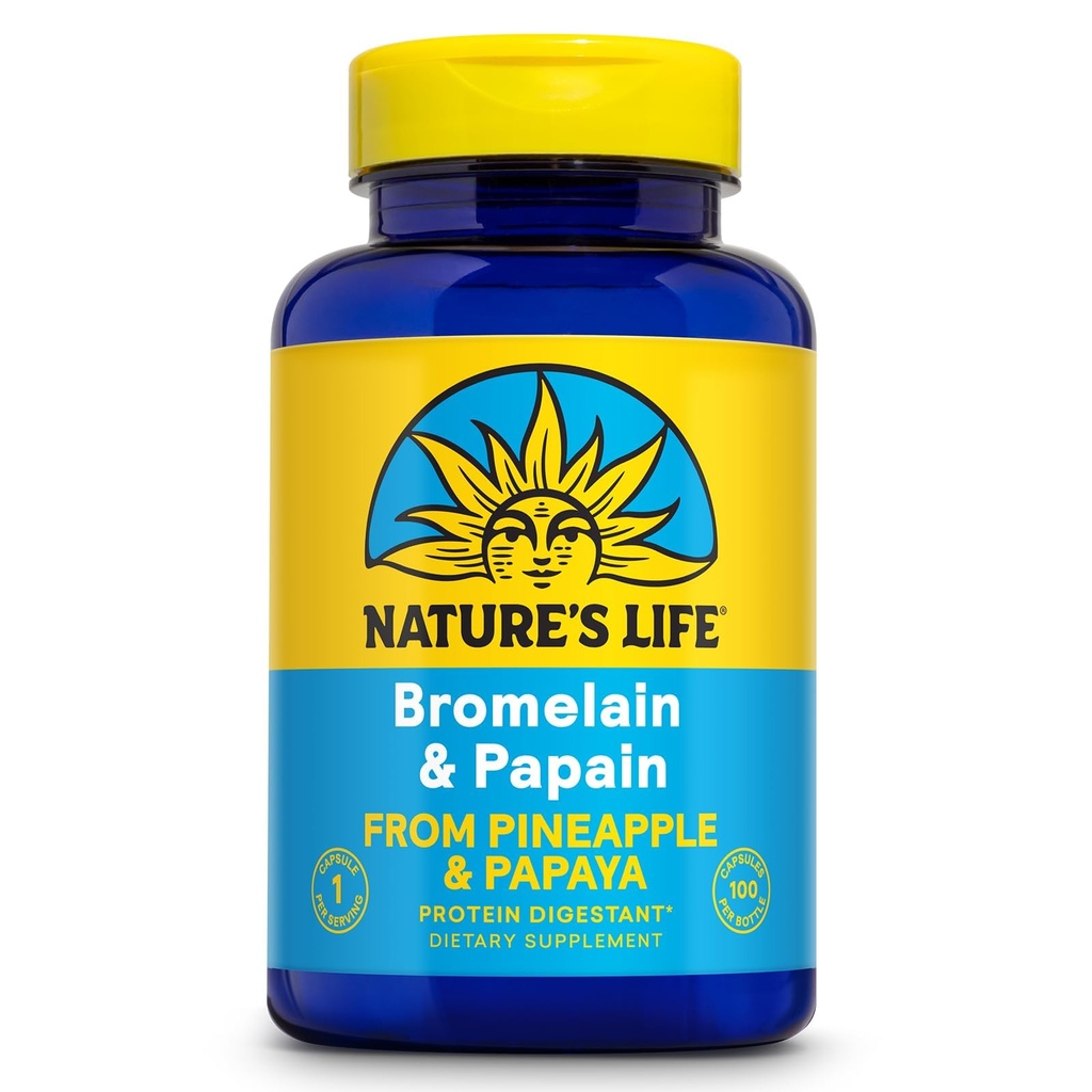 Nature's Life Bromelain & Papain from Pineapple and Papaya - Digestive Enzymes for Women and Men - Protein Digestion, Digestive Health, Gut Health Support - Vegan, 60-Day Guarantee - 100 Servings