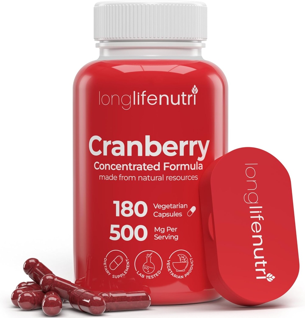 LongLifeNutri Cranberry Extract with Vitamin C & E - Pure Concentrated Formula, 500 мг на сервировку, 180 вегетарианских капсул, Urinary Tract Health & Bladder, 6 Month Supply, Made in USA