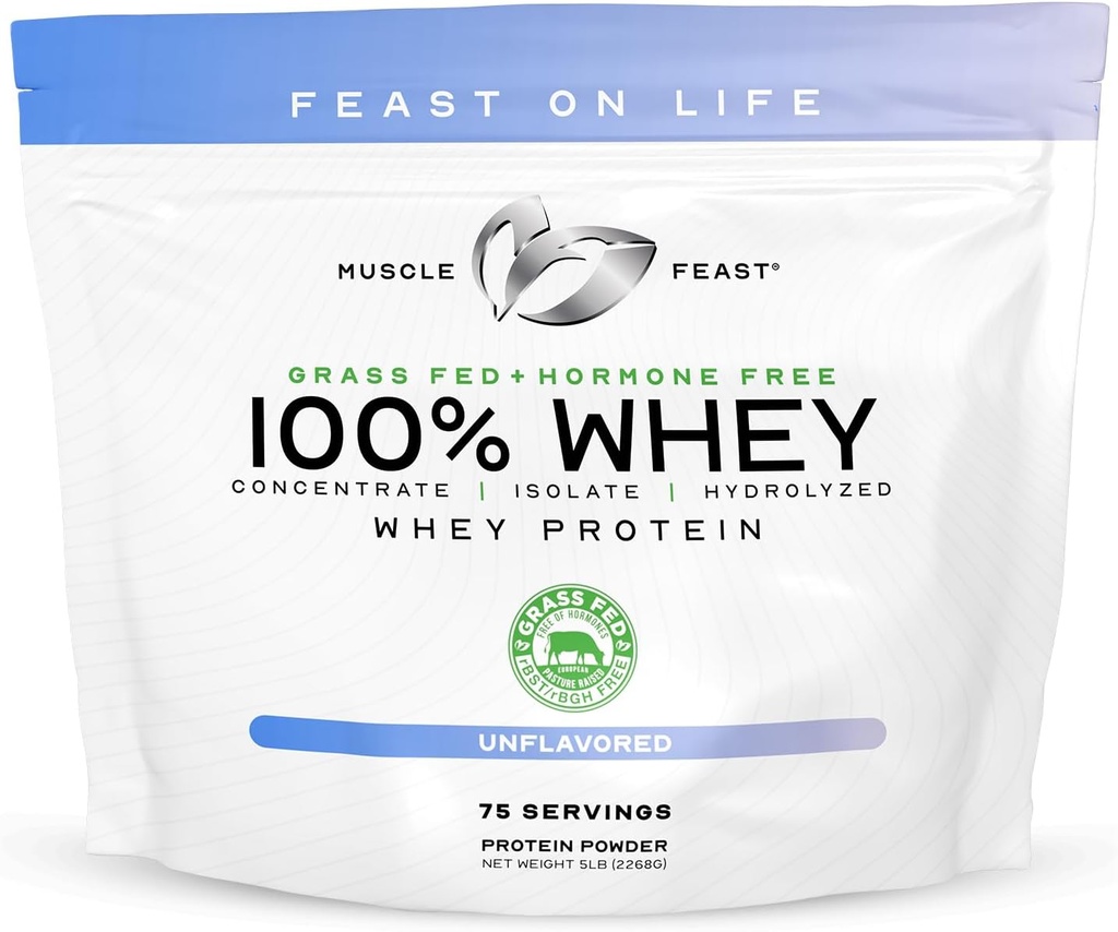 Muscle Feast 100% Grass Fed Whey Protein Powder, All Natural Hormon Free Paure Raised Whey Protein Powder for Women & Men- Whey Concentration, Isolate & Hydrolized Protein Blend- Nem ízesített, 5lb