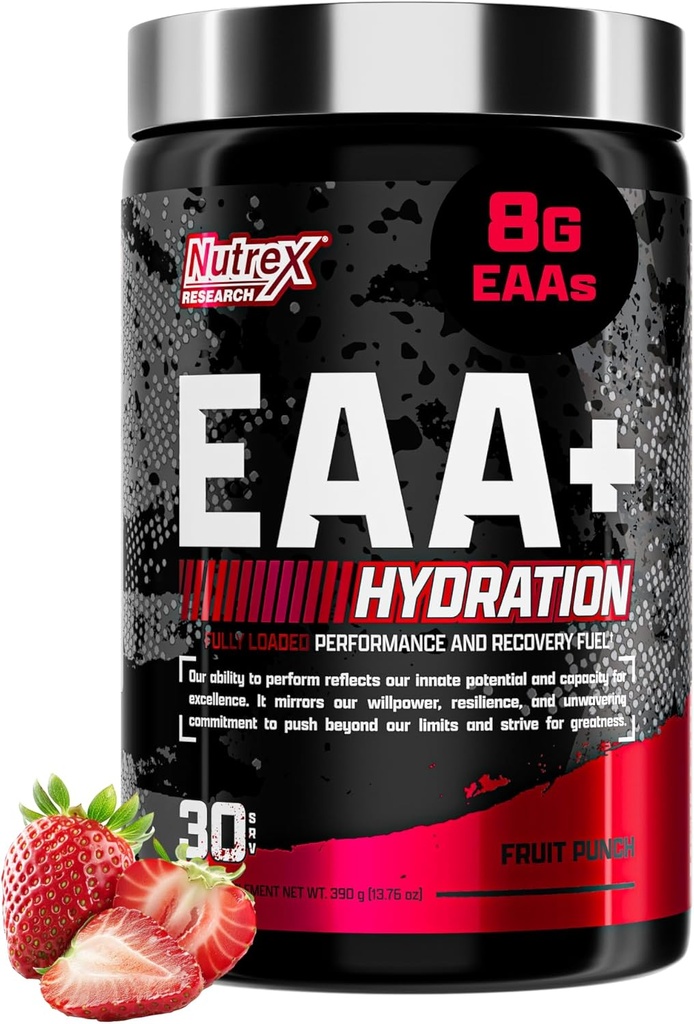 Nutrex Research EAA Hydration | EAAs + BCAA Powder | Восстановление мышц, прочность, построение мышц, выносливость | 8G Незаменимые аминокислоты + электролиты | 30 порций (фруктовый удар)