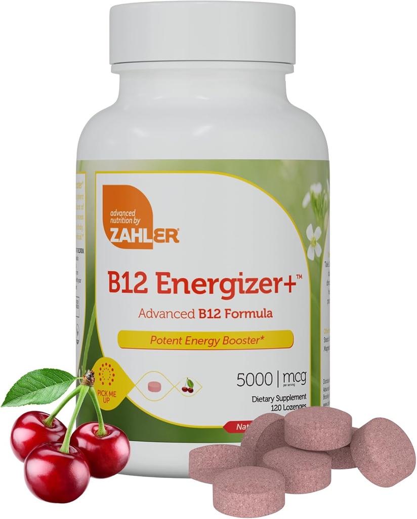 Zahler Energizer+ Vitamin B12-5000 mcg Vitamin B12 - Natural Cherry Flavor Dissolvable Lozenges - Kosher Gluten Free Non-GMO B12 Vitamins 5000 mcg, Energy Boost, Made in USA (120 Count)