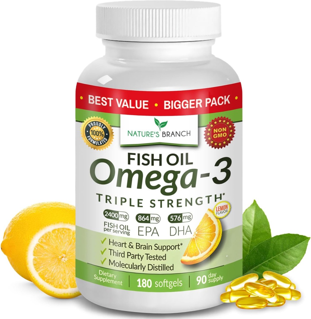 最佳三强Omega 3 鱼油药丸 - 180 Capsules - 2400mg 高潜力 Burpless Lemon Flavor 864mg EPA 576mg DHA 超纯液软胶用于脑关节眼部健康补充